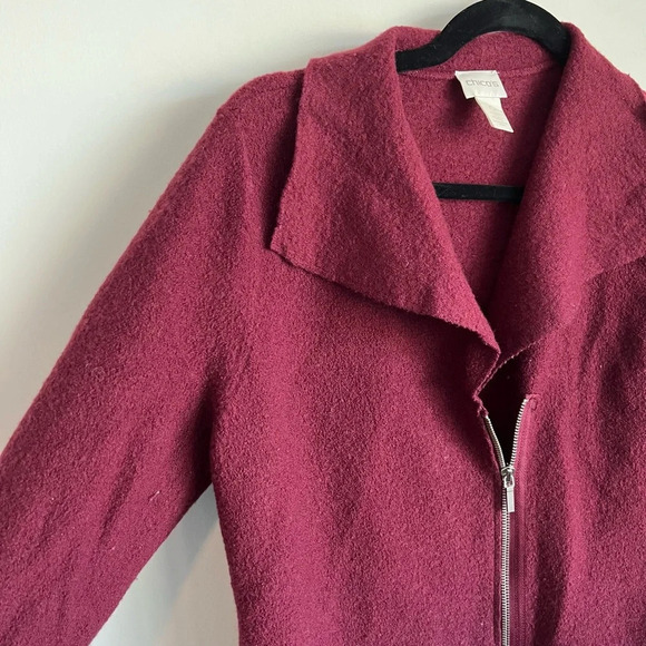 Chico’s Red Wine Boiled Wool Zip Up Moto Jacket Sweater size 0 - Picture 6 of 9